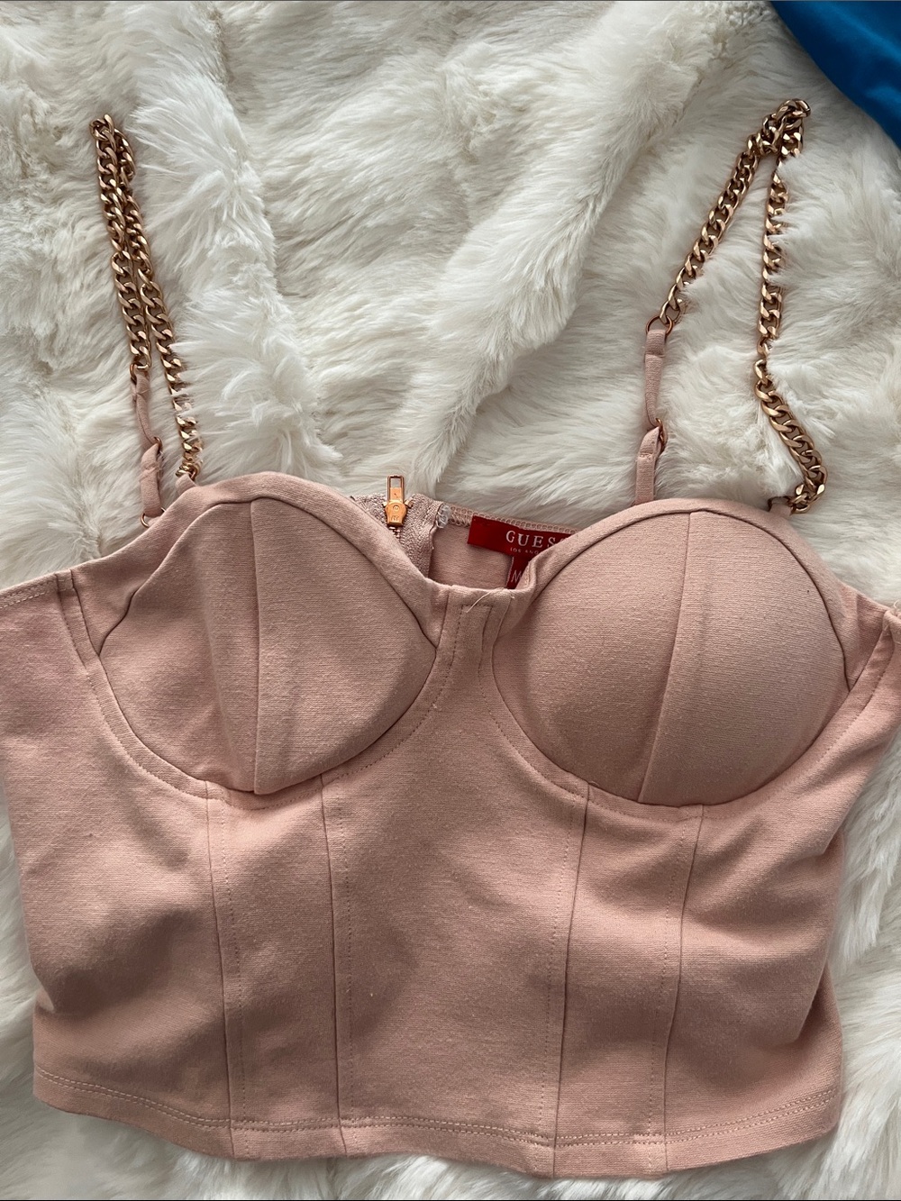 GUESS Blush Pink Bustier Crop Top with Gold Chain Straps